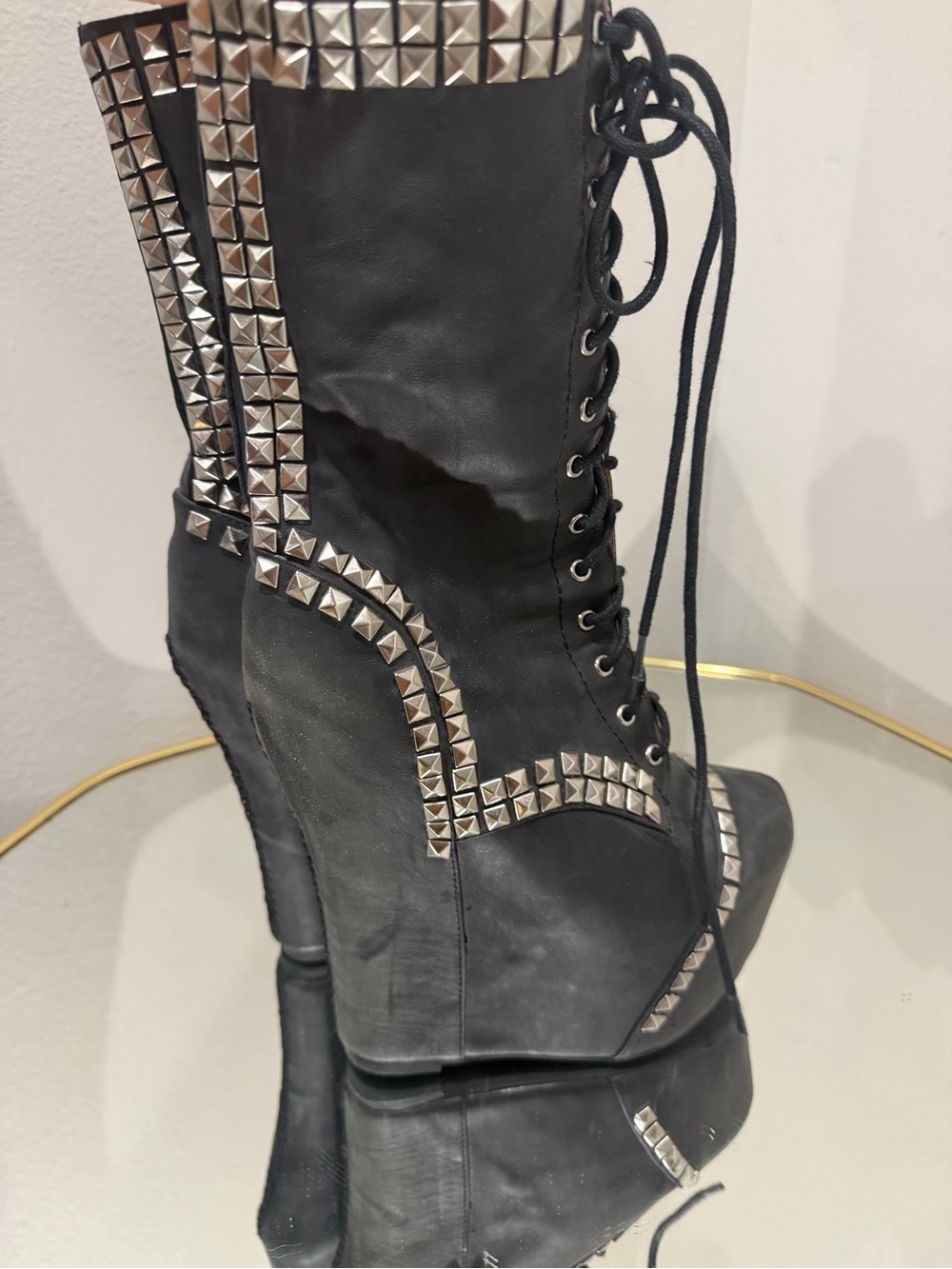 Jeffrey Campbell Black Studded Lace-Up Platform Boots with Silver Accents